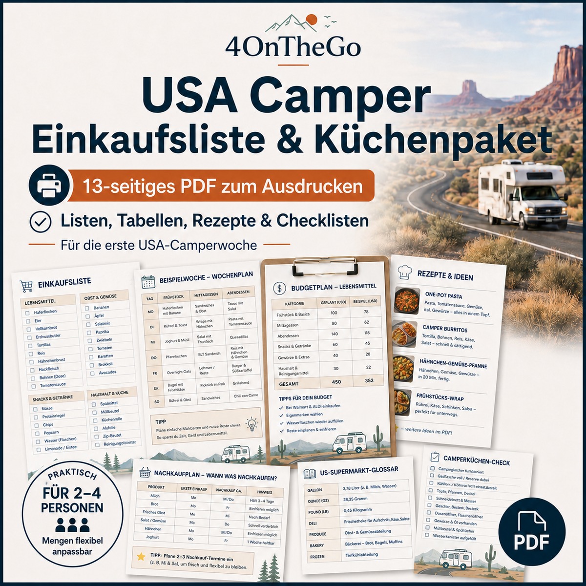 USA Camper Einkaufsliste und Küchenpaket von 4OnTheGo